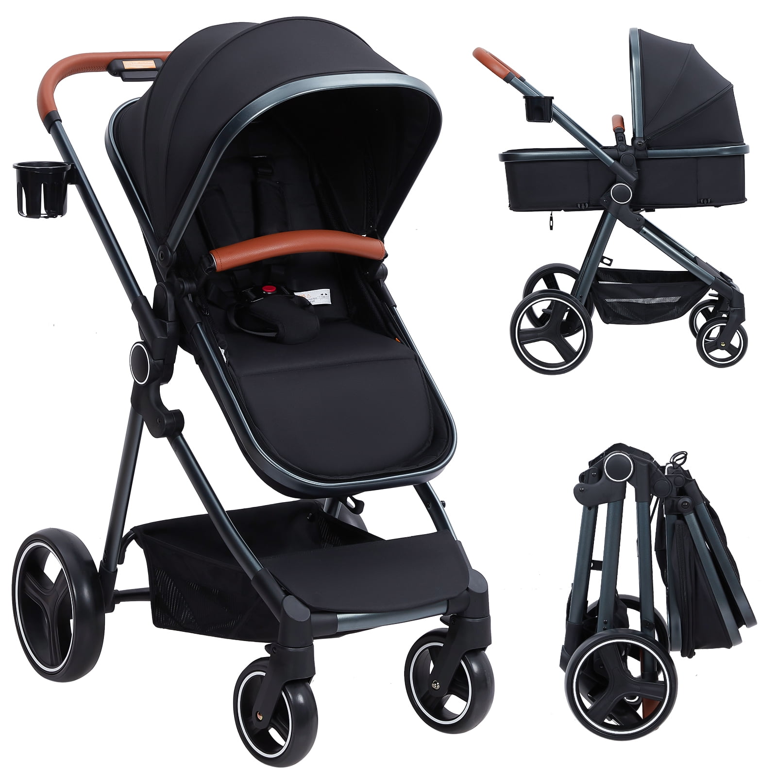 2-in-1 Bassinet Stroller, Lightweight Foldable Baby Stroller with Reversible Seat, Adjustable Canopy & All-Terrain Wheels for Newborns 0-3 Years
