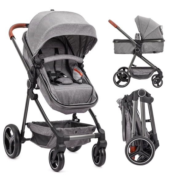 2-in-1 Bassinet Stroller, Lightweight Foldable Baby Stroller with Reversible Seat, Adjustable Canopy & All-Terrain Wheels for Newborns 0-3 Years