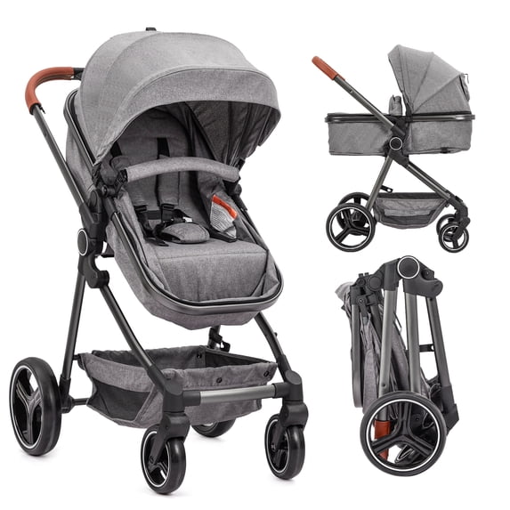 2-in-1 Bassinet Stroller, Lightweight Foldable Baby Stroller with Reversible Seat, Adjustable Canopy & All-Terrain Wheels for Newborns 0-3 Years