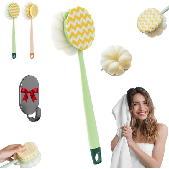 2-in-1 Bath Scrubber & Back Brush, Anti Slip Long Handle Bath Brush with Stiff and Soft Bristles, Exfoliating Shower Ball, Back Scrubber Body Shower Brush for Wet or Dry (Green, Fabric Version)