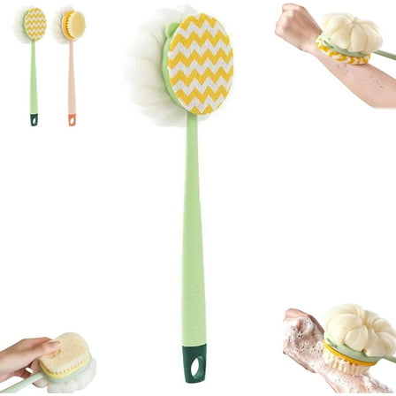 2-in-1 Bath Scrubber & Back Brush – Extra Long Handle, Soft Bristles, Exfoliating Shower Ball, Bathing Body Brush Back Bath Brush, Portable Shower, Wet or Dry (Green Fabric)