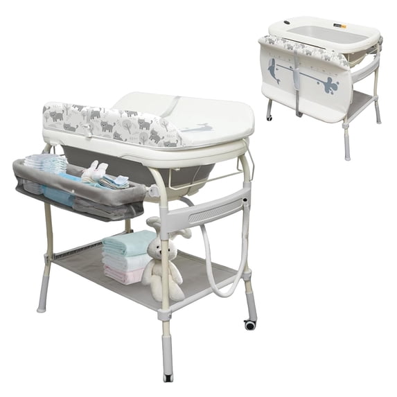 2 in 1 Bathtub with Changing Table, Adjustable Height Diaper Changing Station Waterproof Nursery Organizer with Storage Racks