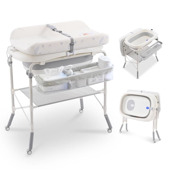 2 in 1 Bathtub with Changing Table, Foldable Diaper Changing Station Adjustable Height Waterproof Nursery Organizer with Storage Racks
