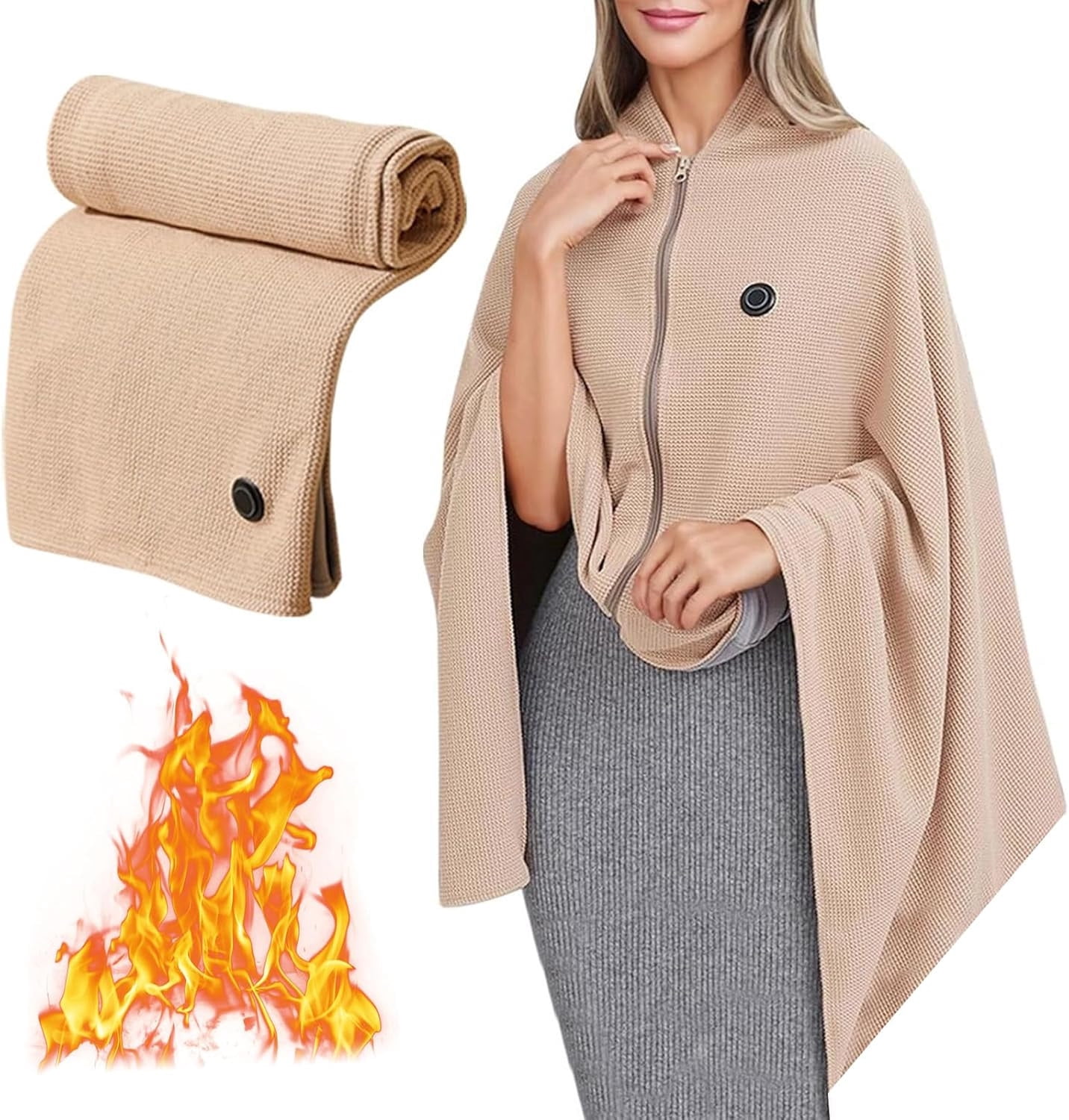 2-in-1 Battery Heated Shawl & Blanket with Power Bank | Carbon Fiber Fast Heat & Long Time Warmth | 3-Temp Adjustable Wearable Wrap for Women | Office/Travel/Camping Purple Zippered Heating Solution