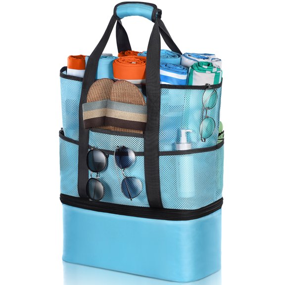 2-in-1 Beach Tote with Thermal Insulated Bag and Mesh Storage Pouch for Picnic, Swimming Pool, and Beach Use (Light)
