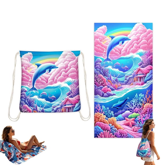 2 in 1 Beach Towel Backpack, 28x55 Inch Sand Free Microfiber Towel, 2 in 1 Drawstring Bag Towel Combo for Pool Travel, 1Pc, Dolphin
