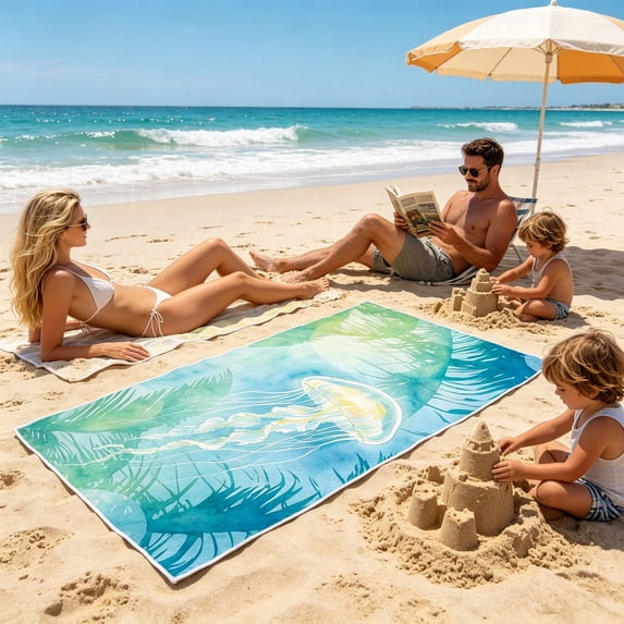 Tropical Beach Towel with Storage Bag 55x31 Inches, Drawstring Integrated Portable Beach Blanket for Swimming Vacation Camping Travel, Beach Accessory