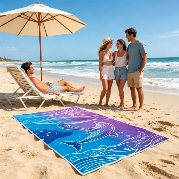 Tropical Beach Towel with Storage Bag 55x30 Inches, Drawstring Integrated Portable Beach Blanket for Swimming Vacation Camping Travel, Beach Accessory