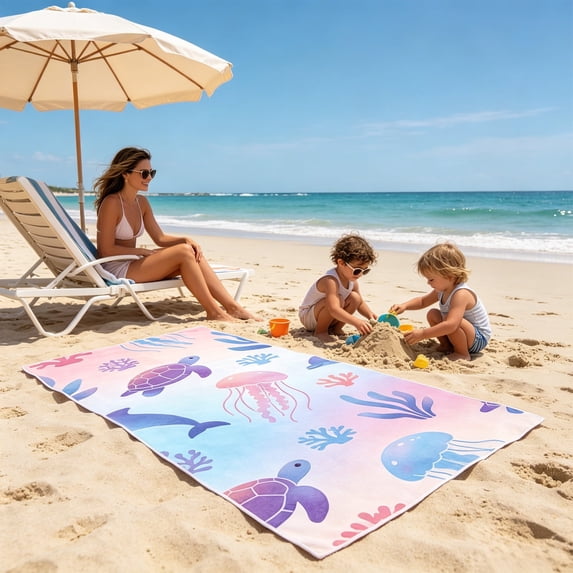 Tropical Beach Towel with Storage Bag 55x32 Inches, Drawstring Integrated Portable Beach Blanket for Swimming Vacation Camping Travel, Beach Accessory