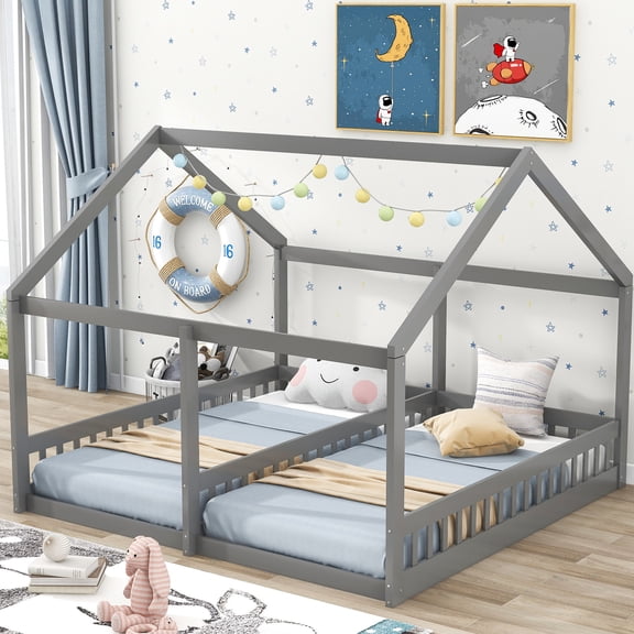 2 in 1 Beds with Railing, Sturdy Pine & MDF Frame - Twin Size House Platform Beds for Multiple Family Members
