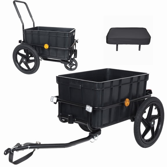 2-in-1 Bike Cargo Trailer Pushcart, Bicycle Trailer with Removable Box and Waterproof Cover, Black, Pushcart Stroller with Tow Hitch and Removable Handlebar, Black