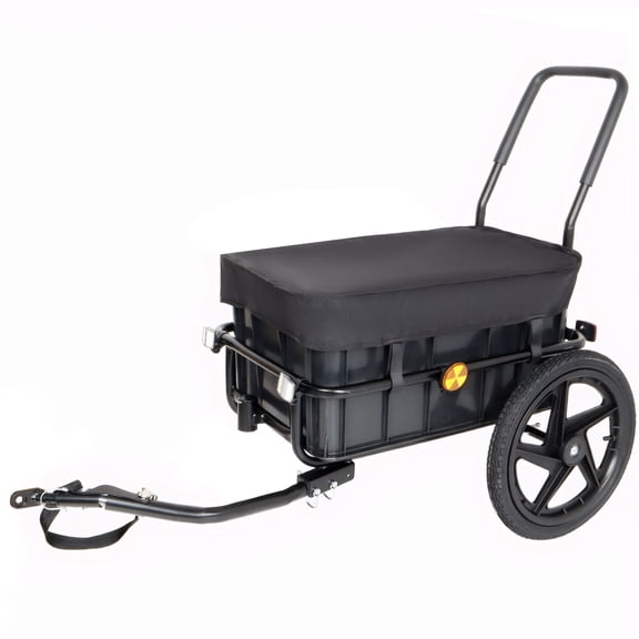 2-in-1 Bike Cargo Trailer Pushcart, Bicycle Trailer with Removable Box and Waterproof Cover, Black, Pushcart Stroller with Tow Hitch and Removable Handlebar, black