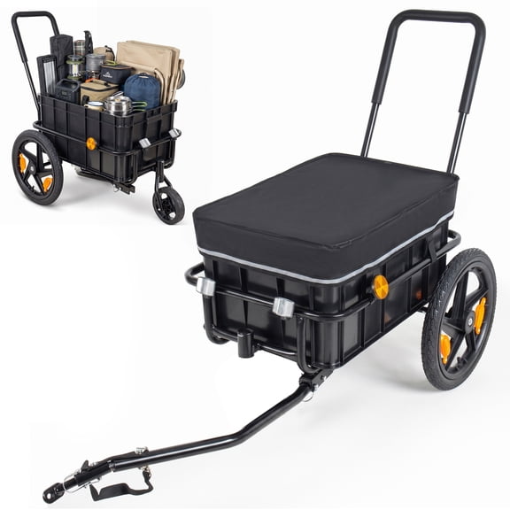 2-in-1 Bike Cargo Trailer Pushcart, Bicycle Trailer with Removable Box and Waterproof Cover, Black, Pushcart Stroller with Tow Hitch and Removable Handlebar, black