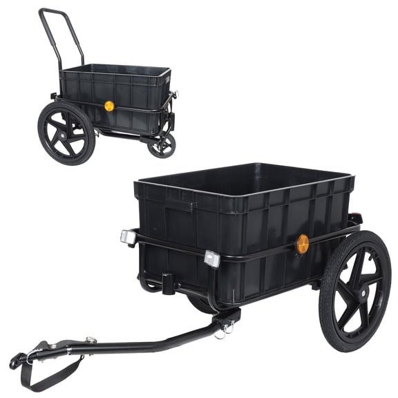 2-in-1 Bike Cargo Trailer & Pushcart, Bicycle Trailer with Removable Storage Box & Waterproof Cover, Black, Includes Tow Hitch & Detachable Handlebar