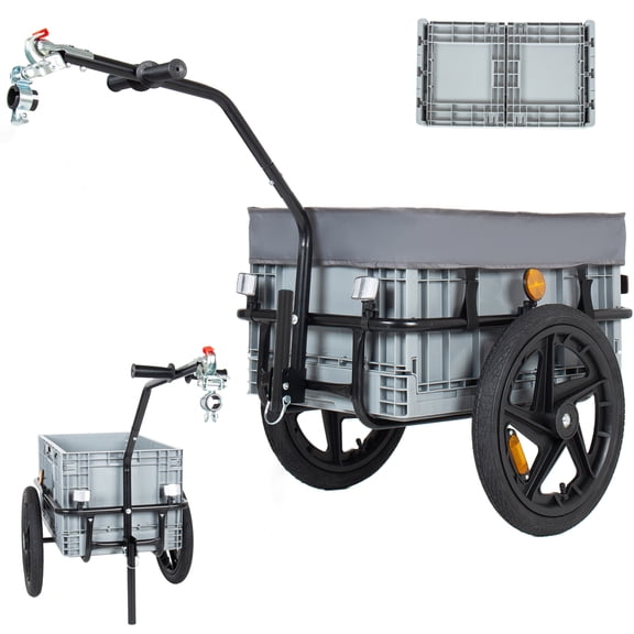 2-in-1 Bike Cargo Trailer with Foldable 70L Storage Box, 88LBS Capacity, 16" Quick Release Wheels & Waterproof Cover, Black-Gray