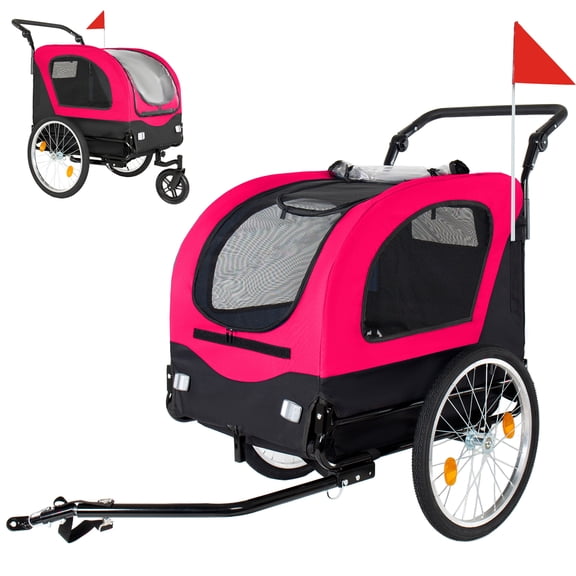 2-in-1 Bike Trailer & Pet Stroller for Dogs up to 110lbs - Foldable Pet Carrier Cart with Front Caster & 20 Quick Release Air-Filled Wheels, Breathable Mesh and PVC Rain Cover, Red