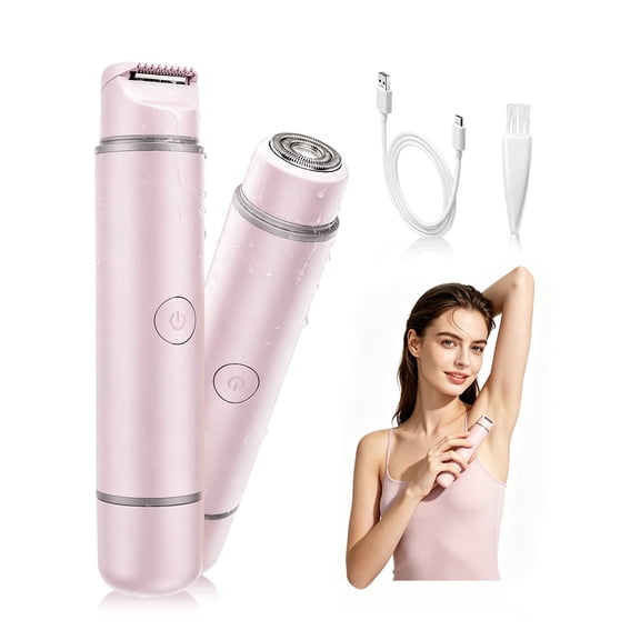 2-in-1 Bikini Trimmer for Women - Painless Electric Razors,Cordless Body Shaver for Trip,Replaceable Lady Facial Razor, IPX7 Waterproof&Easy Cleaning,USB Charge Dock Pink