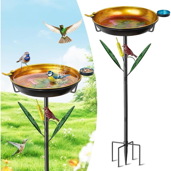 2-in-1 Bird Baths for Outside, 11.8 Diameter x 2 Deep Metal Removable Bird Feeder Water Bowl with Upgraded 5 Prongs Base, 33.5" Freestanding Garden Birdbaths for Outdoors Patio Yard Lawn Art Decor