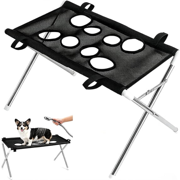 2-in-1 Black Foldable Pet Grooming Table & Hanging Hammock, Breathable Mesh Dog Shower Sling Bathing Stand with 8 Leg Holes for Cat Small Dog Nail Trimming & Washing