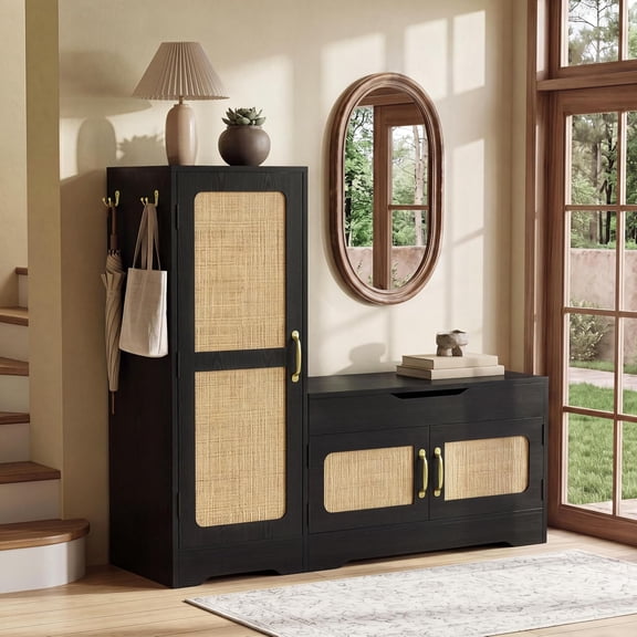 2-in-1 Black Rattan Shoe Storage Bench with Full-Length Mirror Space-Saving Slim Cabinet, 8-Tier Adjustable Shelves + Side Hooks for Narrow Entryways and Hallway Recessed Spaces