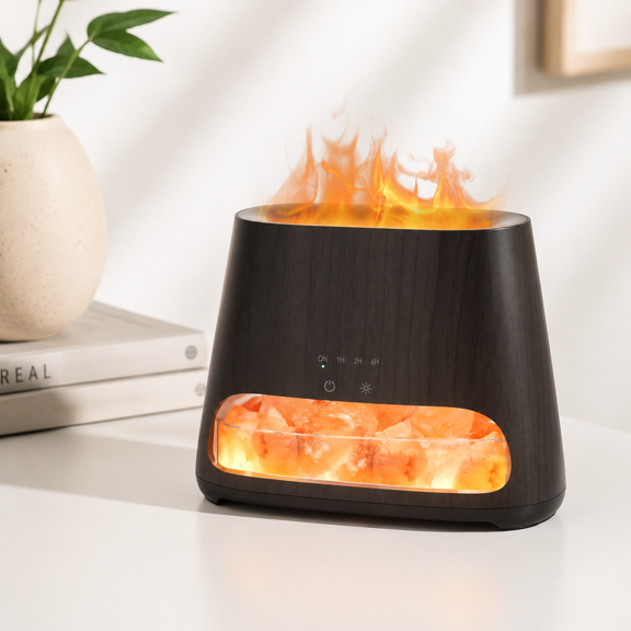 2-in-1 Black Wooden Grain 150ml Oil Diffuser with Himalayan Salt Lamp