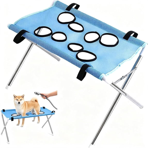 2-in-1 Blue Foldable Pet Grooming Table & Hanging Hammock, Breathable Mesh Dog Shower Sling Bathing Stand with 8 Leg Holes for Cat Small Dog Nail Trimming & Washing