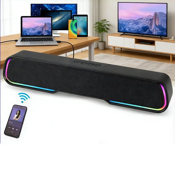 2 in 1 Bluetooth Computer Speakers for Desktop, USB Plug & Play Clear Sound PC Speakers with RGB Light, Monitor Sound Bar for PC Laptop Phone Tablet