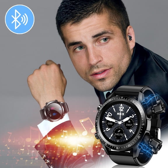 2-in-1 Bluetooth Smartwatch with Built-in Wireless Earbuds, Fitness Tracker, Sleep & Stress Monitor, Pedometer, Calorie Counter, IP66 Waterproof, Compatible with iOS & Android