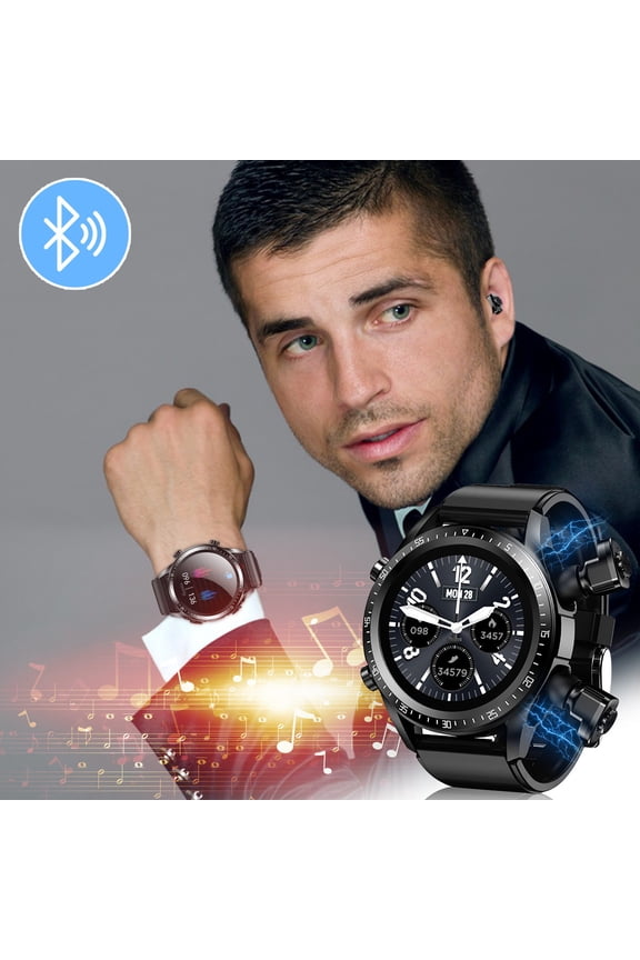 2-in-1 Bluetooth Smartwatch with Built-in Wireless Earbuds, Fitness Tracker, Sleep & Stress Monitor, Pedometer, Calorie Counter, IP66 Waterproof, Compatible with iOS & Android