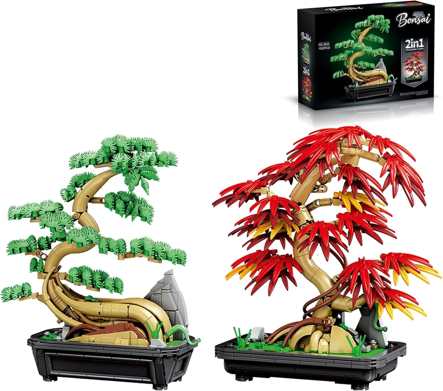 2-in-1 Bonsai Tree Building Set 1023 Pcs Red Maple & Pine Plant Model Kit  Botanical Garden Collection Zen Home Decor