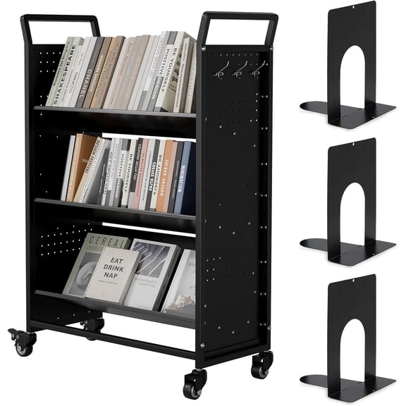 2-in-1 Book Cart with Wheels, 352LBS Rolling Bookshelf Utility Cart with L/V-Shaped Shelves,Hooks, Stands, Unilateral Placement, 3 Tier Single Sided Office Library Truck for Home School (Black)