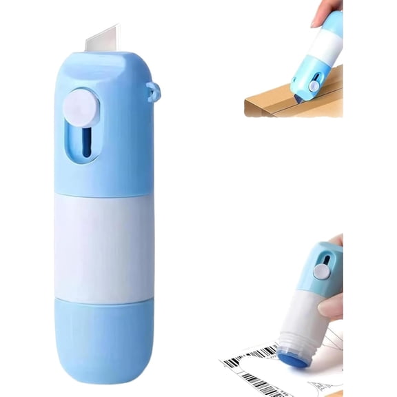 2-in-1 Box Cutter & Thermal Paper Eraser, Water-Based Correction Marker Safe Ink, Portable Mini Cutter Design, Perfect for Shipping Labels Receipts Mail Packages Address Privacy (Blue)
