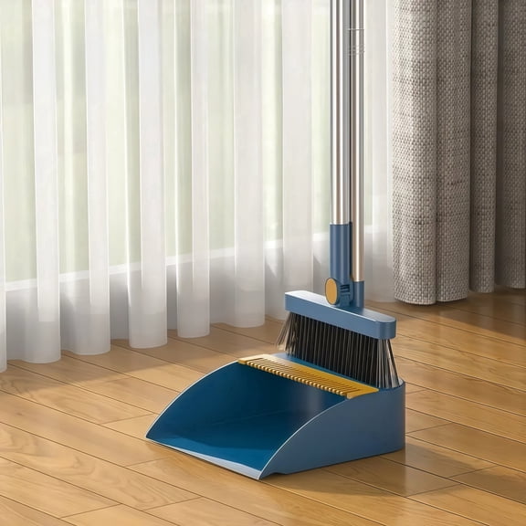 Michnild 2in1 Broom with Dustpan Combo Set,Long Handle Dustpan Teeth to Automatically Clean Hair for Home, Blue