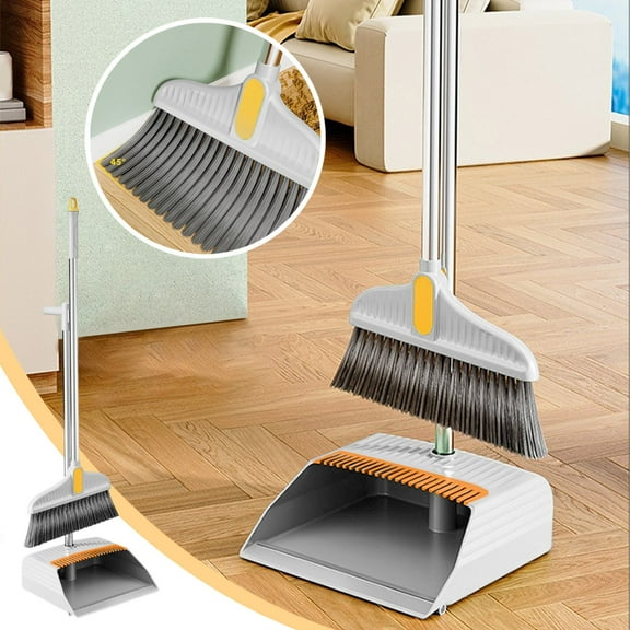 2-in-1 Broom and Dustpan Set with Stainless Steel Handle, Long-Handled Cleaning Kit for Home and Office, 180-Degree Rotating Broom Head and Built-in Hair Comb