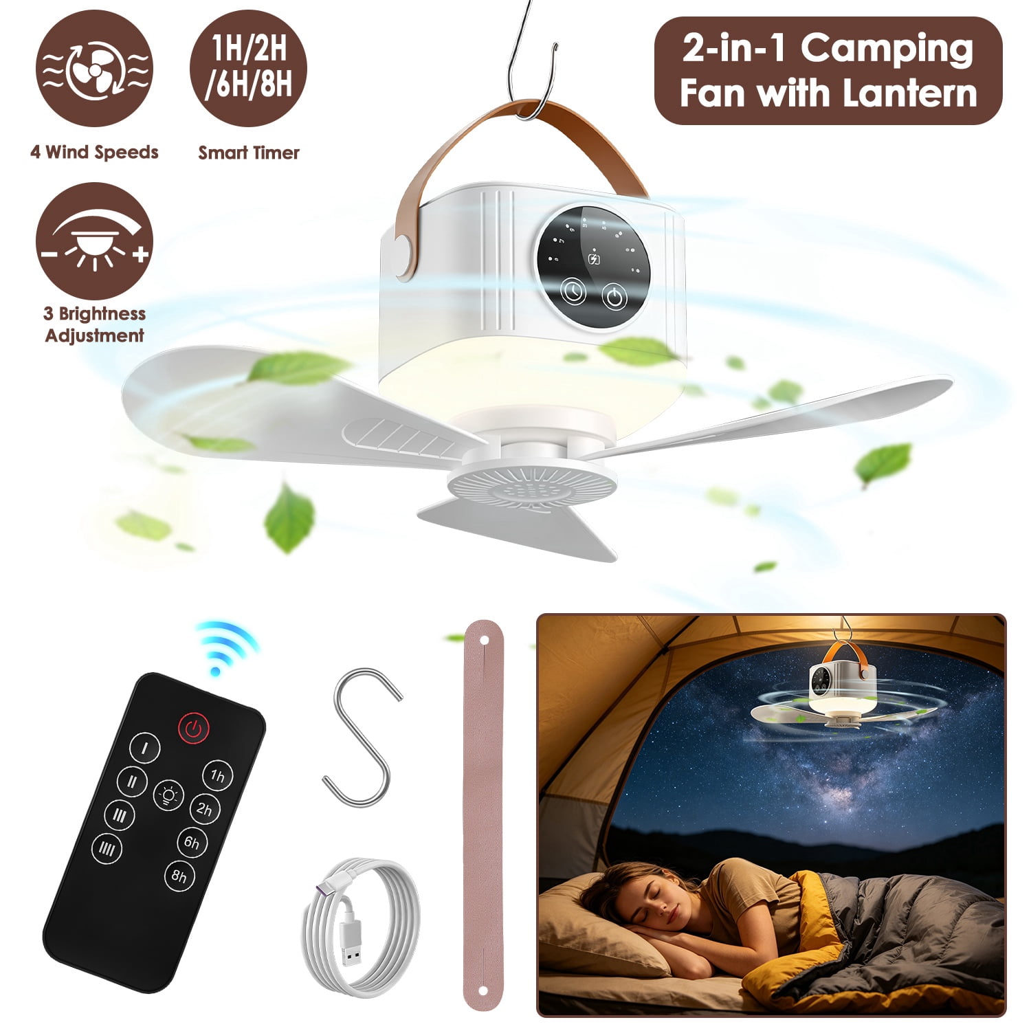 2 in 1 Camping Fan with LED Lantern Remote Control, 4 Wind Speeds 3 Light Brightness Timer Function 7200mAh Rechargeable Hanging Tent Fan