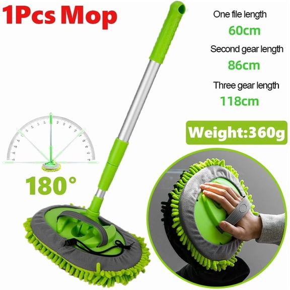 2 in 1 Car Cleaning Brush, Telescopic Alloy Handle Chenille Wash Mop with Duster Head, Long Reach Auto Interior Exterior Cleaning Tool