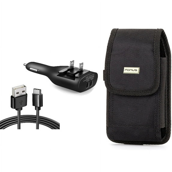 2-in-1 Car Home Charger & Case Belt Clip for iPhone 15 Pro Max - 6ft Long USB-C Cable TYPE-C Cord Travel Power Adapter Charging Wire and Rugged Holster Canvas Cover N2O for iPhone 15 Pro Max (6.7")