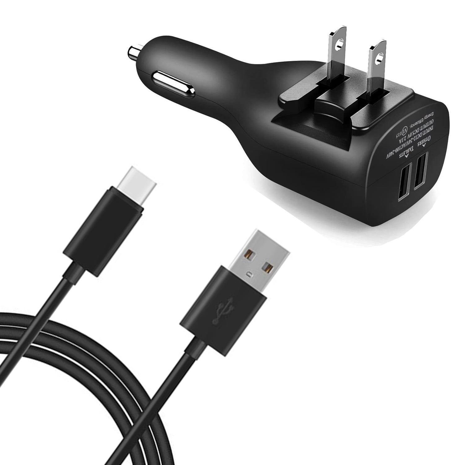 2-in-1 Car Home Charger for Nokia C200, T20/T21 - 6ft Long USB-C Cable TYPE-C Cord Travel Power Adapter Charging Wire Folding Prongs for Nokia C200, T20/T21