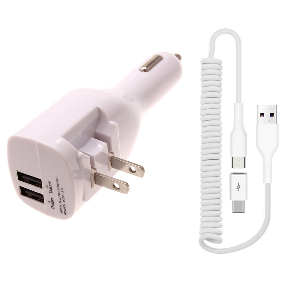 2-in-1 Car Home Charger for Nokia G90/G100 - Coiled USB Cable Micro-USB to USB-C Adapter Charger Cord Power Wire Folding Prongs White for Nokia G90/G100