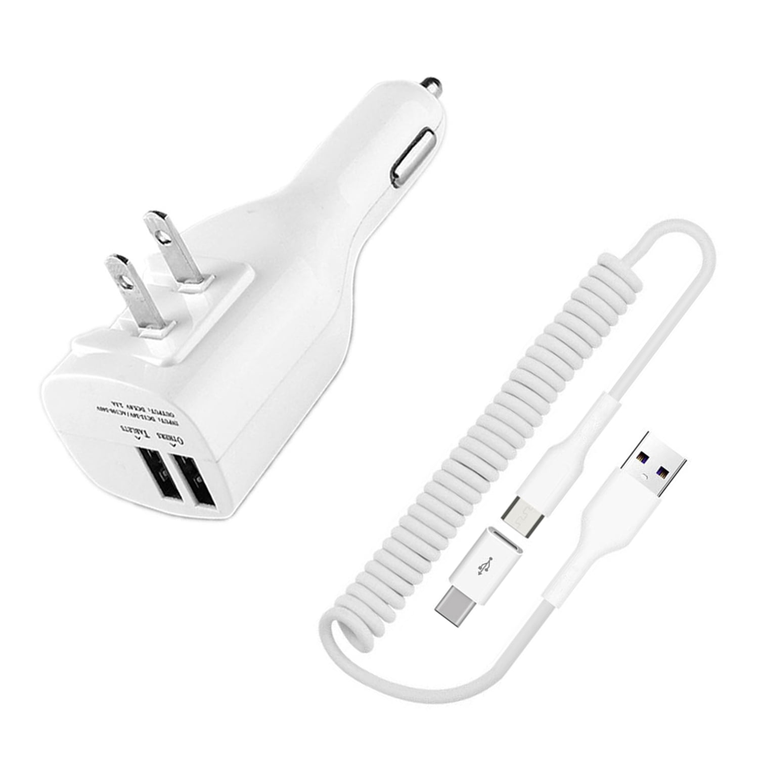 2-in-1 Car Home Charger for Nokia G90/G100/G300/G310 5G - Coiled USB Cable Micro-USB to USB-C Adapter Charger Cord Power Wire Folding Prongs for Nokia G90/G100/G300/G310 5G