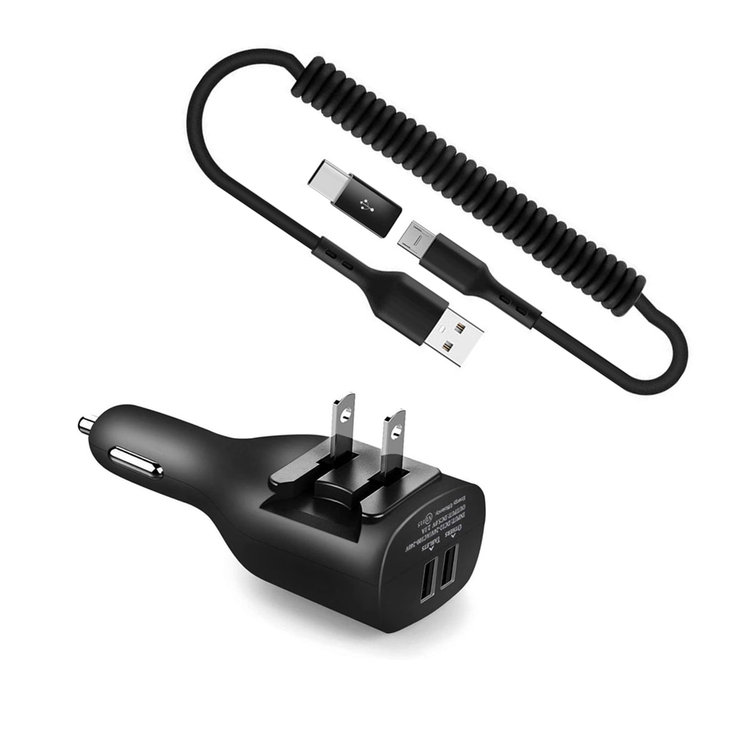 2-in-1 Car Home Charger for Nokia XR20/XR21 - Coiled USB Cable Micro-USB to USB-C Adapter Charger Cord Power Wire Black Folding Prongs for Nokia XR20/XR21