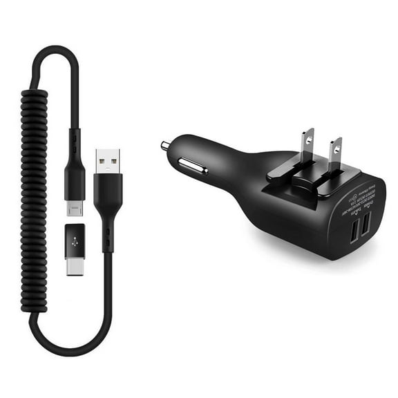 2-in-1 Car Home Charger For Verve Connect, ZMax 11 - Coiled USB Cable Micro-USB to USB-C Adapter Charger Cord Power Wire Black Folding Prongs for Consumer Cellular Verve Connect, ZMax 11
