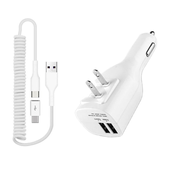 2-in-1 Car Home Charger For Verve Connect, ZMax 11 - Coiled USB Cable Micro-USB to USB-C Adapter Charger Cord Power Wire Folding Prongs White for Consumer Cellular Verve Connect, ZMax 11