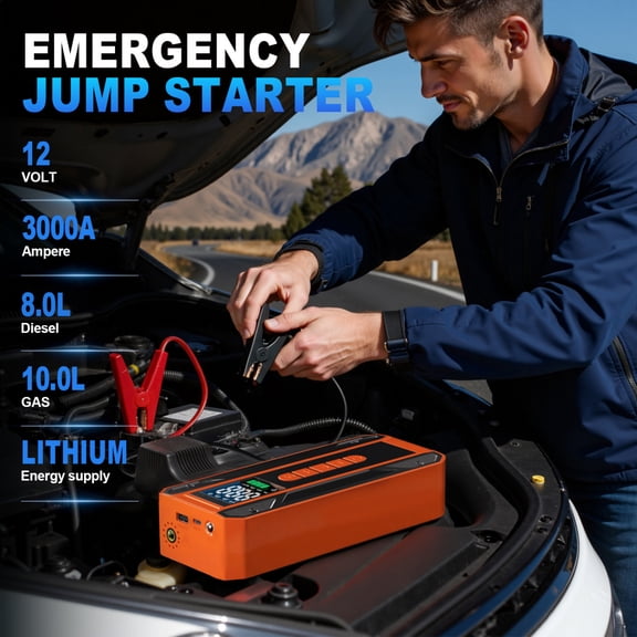 2-in-1 Car Jump Starter with 150PSI Air Compressor 29.6Wh Portable Battery Booster Pack for 12V Vehicles Tire Inflator with LCD Display and Emergency Flashlight