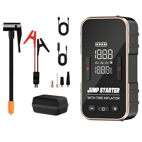 2-in-1 Car Jump Starter & Tire Inflator,600A 6000mAh,150PSI Dual Power,LED SOS Light,Power Bank & 3 Nozzle Accessory Kit