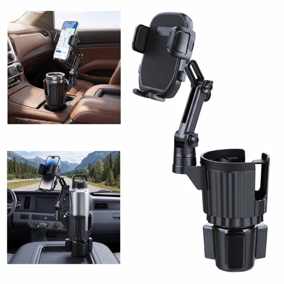2-in-1 Car Phone Holder Cup Holder Expander with Adjustable Base & Long Arm, 360 Rotation Cup Holder Phone Mount for Car, Truck, SUV Compatible with All Smartphones