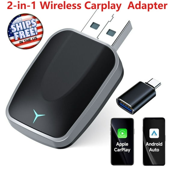 2-in-1 Carplay Wireless Adapter Android Auto Plug&Play Connect USB Dongle