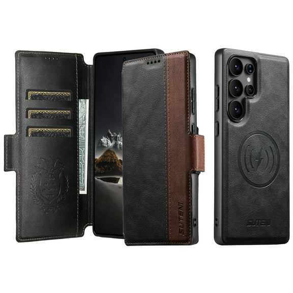 2-in-1 Case for Samsung Galaxy S25 Ultra, PU Leather Outer Wallet Case with Magnetic Detachable Inner Back Case, Card Slots Kickstand Flip Cover, Full Body Protection, Magnetic Closure, Black