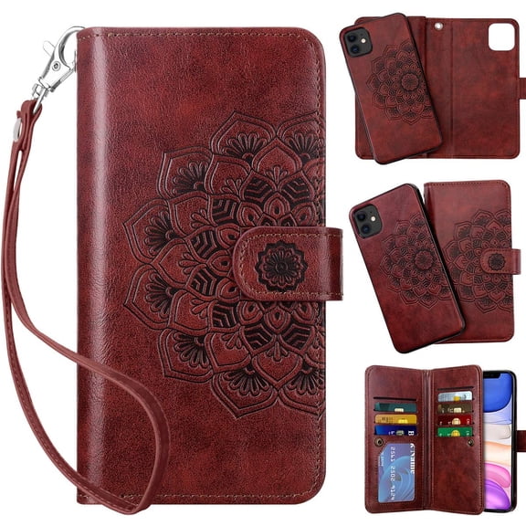 2-in-1 Case for iPhone 11 Case Wallet Credit Card Holder ID Slot Detachable Hybrid Protective Slim Hard Shell Magnetic PU Leather Folio Pocket Flip Cover for iPhone 11 6.1 inch Mandala Red