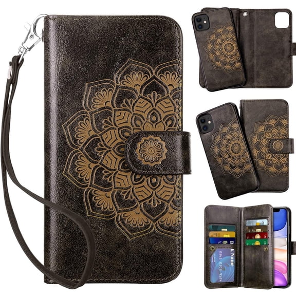 2-in-1 Case for iPhone 11 Case Wallet Credit Card Holder ID Slot Detachable Hybrid Protective Slim Hard Shell Magnetic PU Leather Folio Pocket Flip Cover for iPhone 11 6.1 inch Mandala Gray
